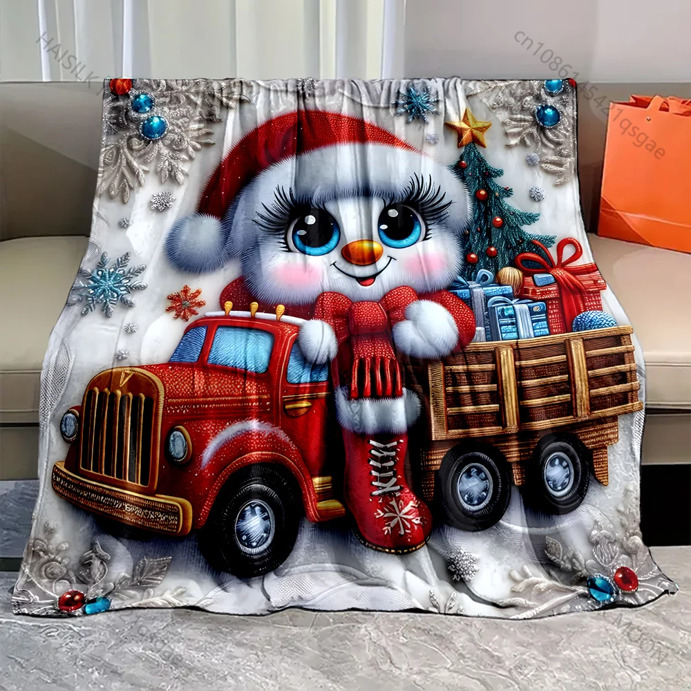 Festive snowman with gifts truck pattern Blanket Flannel Material Soft Warm for All Seasons,For Home Outdoor Camping Picnics RV