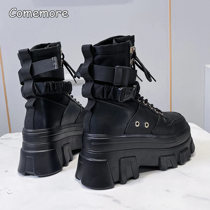 Comemore Punk Chunky Platform Motorcycle Boots Women Autumn Winter Gothic Shoes Woman Thick Bottom Lace Up Ankle Botas Mujer 34