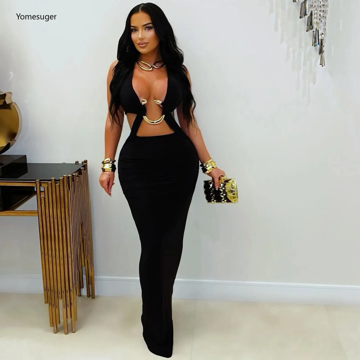 Yomesugar Women Deep V-neck Metallic Decoration Bodycon Maxi Dress Sexy Cut Out Ruched Backless Skinny Birthday Party Clubwear