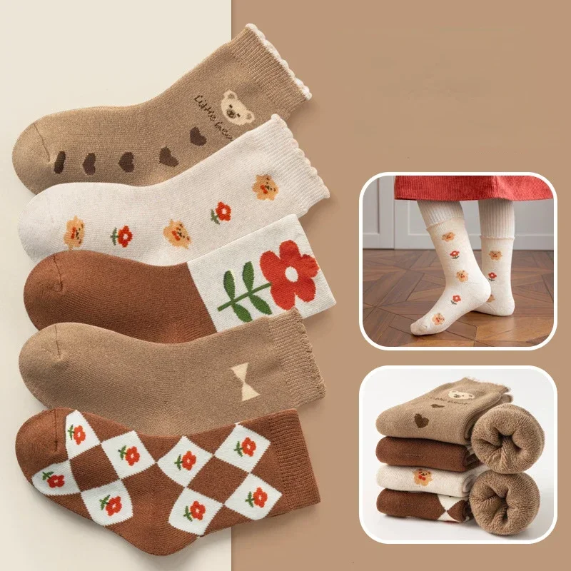 

5 Pairs Pure Cotton Children Socks Autumn Winter Thickened Terry Cartoon Terry-loop Hosiery Boys Girls Keep Warm Socks 1-12 Yrs