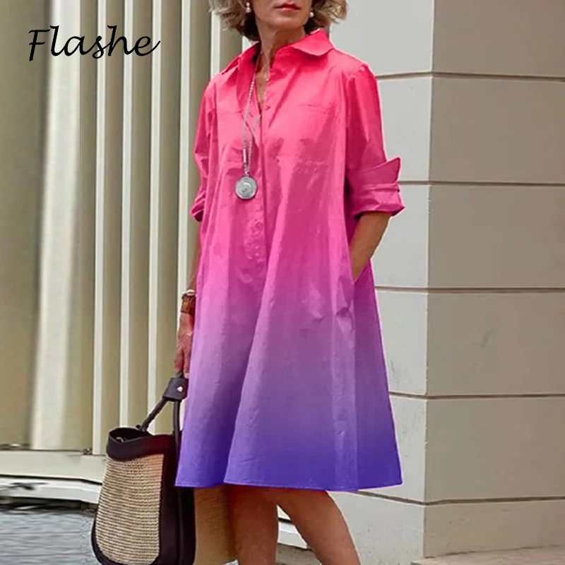 Spring Summer Shirt Dress Women Turn Down Collar Long Sleeve Tie Dye Printing Midi Dresses For Women Elegant Pocket Holiday Robe