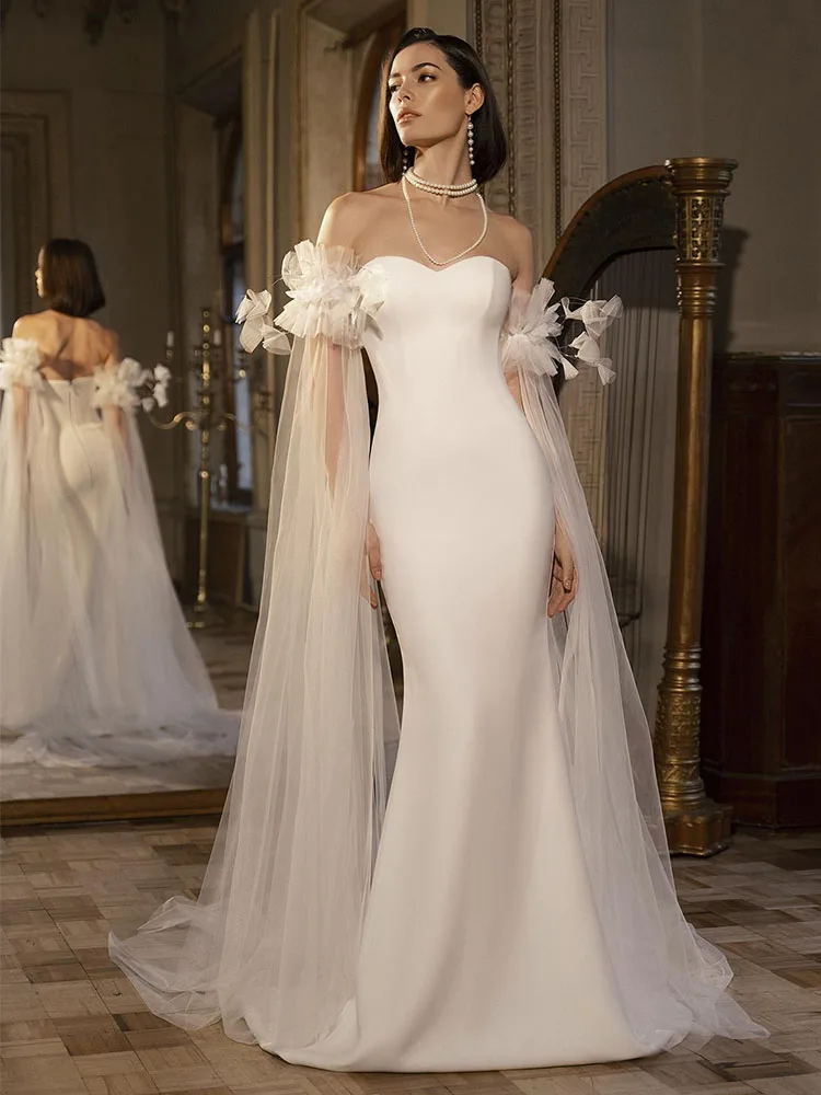 

Simple Mermaid Wedding Dress with Wraps Sweetheart Ivory Satin Wedding Gown for Bride Trumpet Backless Elegant Bridal Dresses