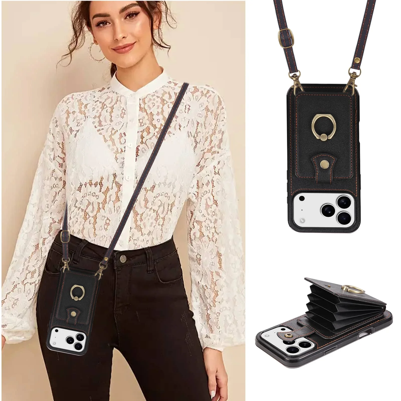 حافظة لهاتف آيفون 17 برو ماكس اير 17 برو مع حامل بطاقة، 360 ° مسند حامل حلقة الإصبع الدوار، غطاء حجب RFID #6