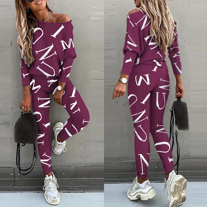 Spring Autumn Fashion One Shoulder Long Sleeve Pure Cotton Printing Letter Women\'s Clothing Korean Trend Bound Feet Pant Suits