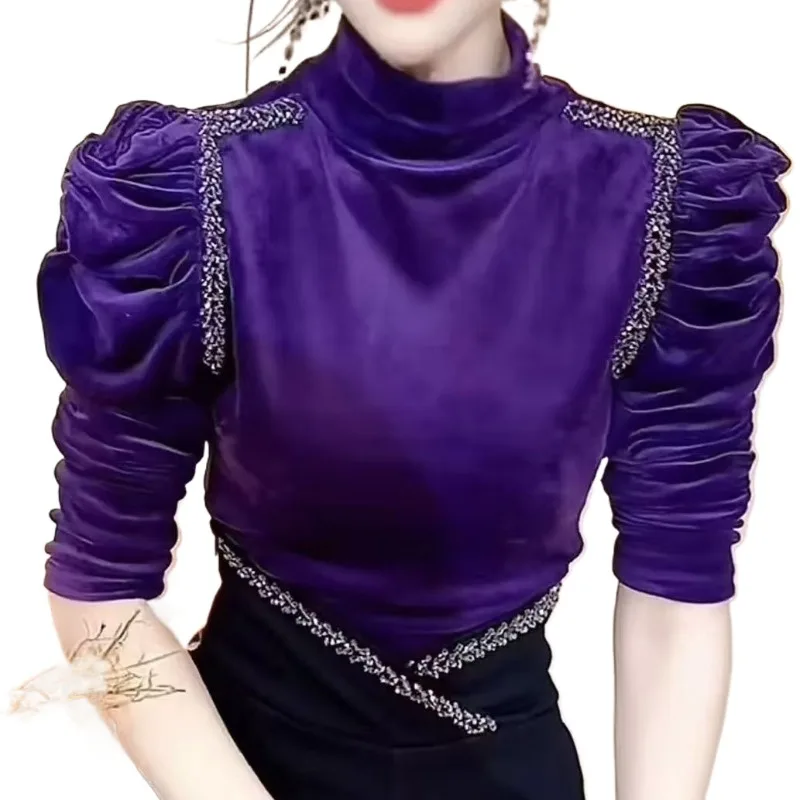 

French High-end Semi-turtleneck Velvet Bottoming Shirt Women's Long-sleeved Autumn and Winter New Fashion Foreign Versatile Top