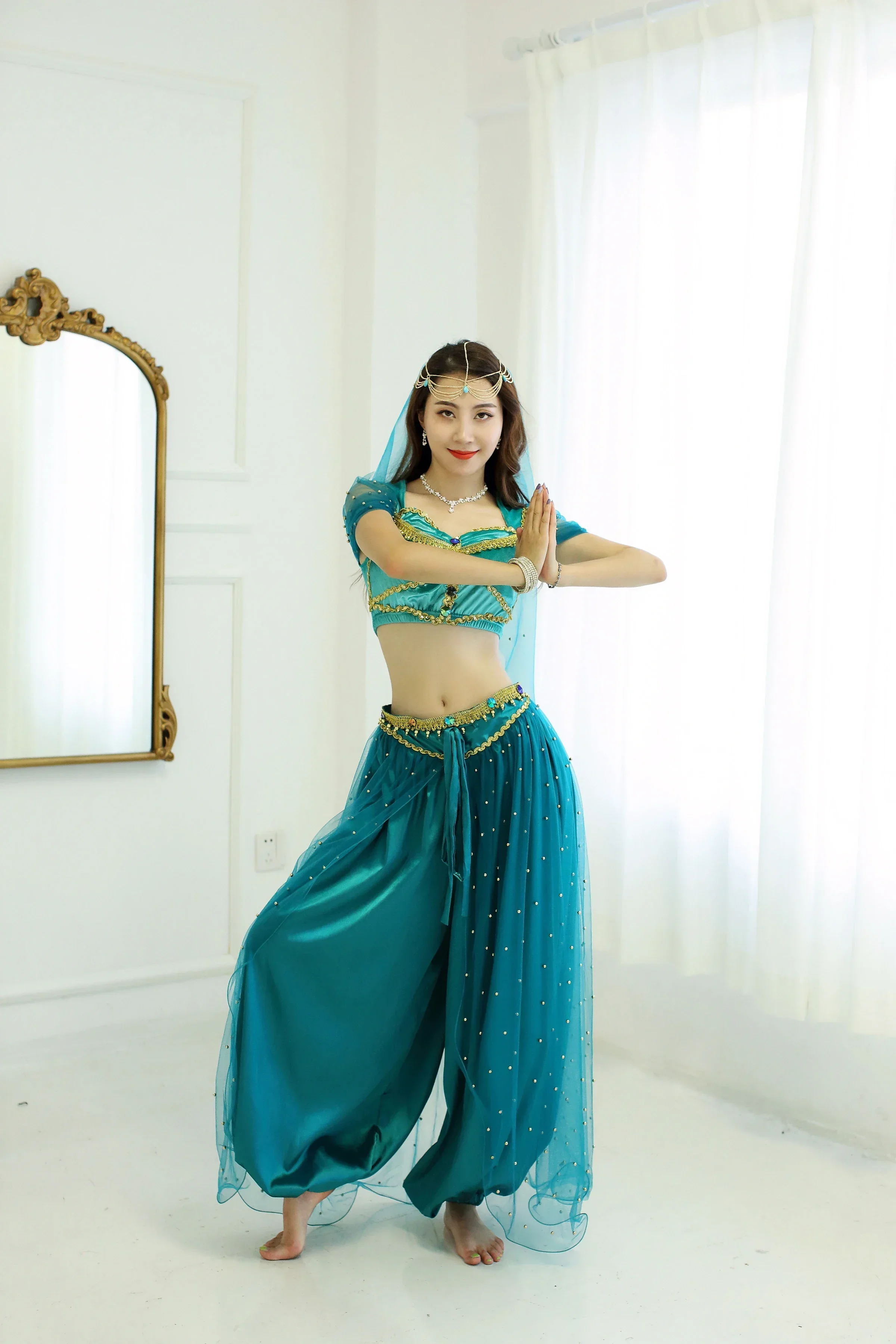 New Exotic Dance Sexy Adult Female Jasmine Princess Stage Dress Veil Top Pants Belly Dance Bollywood Belly Clothing