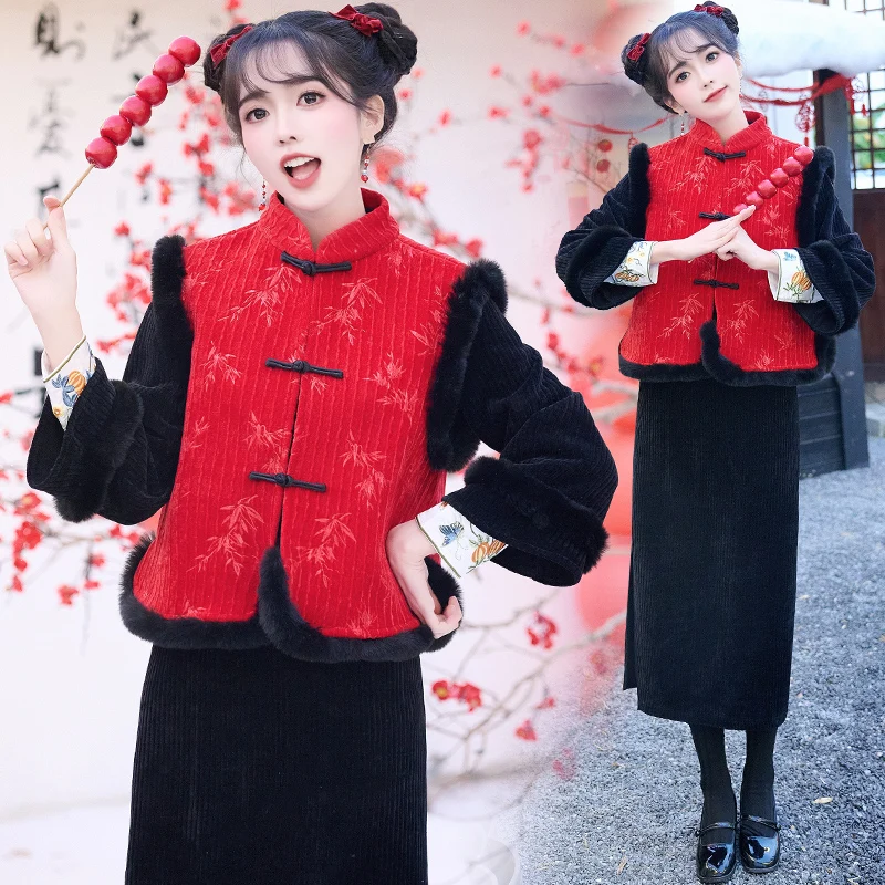 

Новый китайский национальный танский костюм с вышивкой, утолщенный, с воротником-стойкой, в стиле пэчворк, с бахромой, для празднования Года Обезьяны