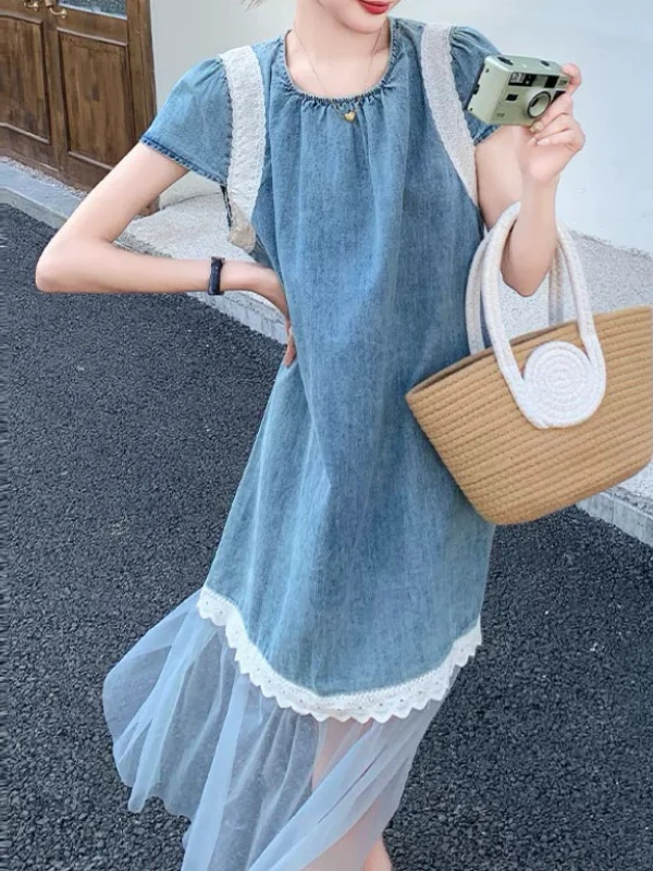 Mid-Length Lace Patchwork Denim Dr Women's Loose Design Sensation Me Skirt A-Line Silhouette ort Sve round Ne