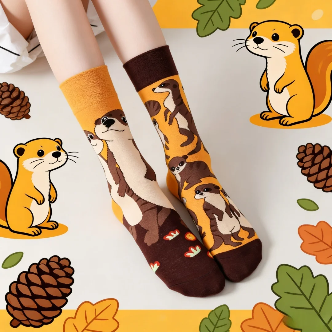 1 Pair of Mid-Calf Socks with Weasel Pattern Trendy AB Style,Suit In All Season For daily Wearing