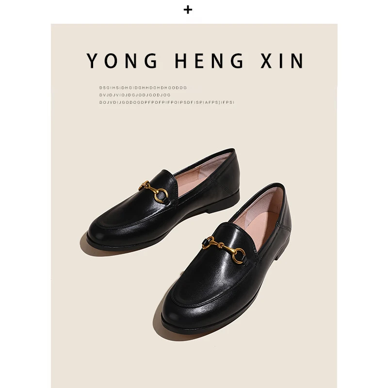 Horsebit buckle slip-on loafers, versatile retro flat-soled British-style soft leather shoes