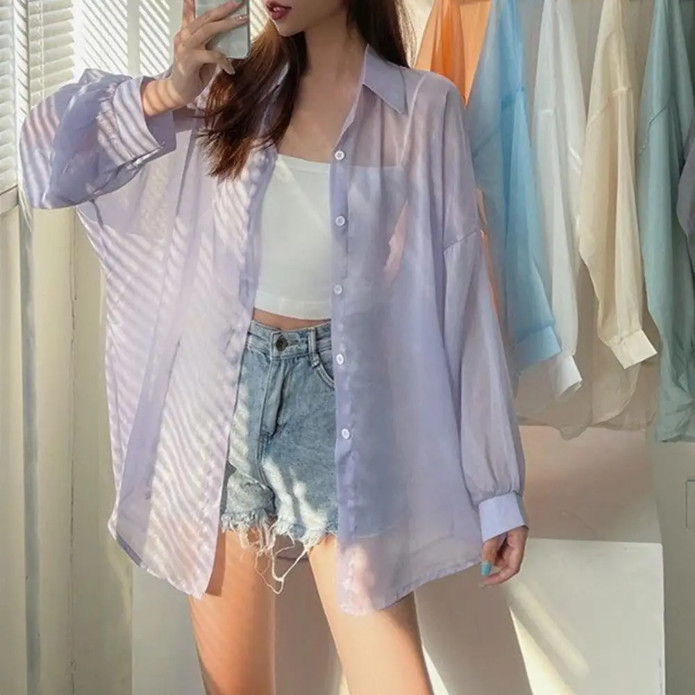 Women Long Sleeved Shirt Lady Sunscreen Coat Female Casual Loose Shirts Thin Transparent Blouses 2024 Summer Beach Clothing