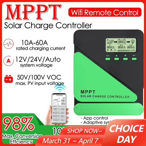 Imagen 1 del producto Controlador de carga Solar WIFI MPPT 10-60A 12V/24V, Panel Solar LCD automático USB, regulador de batería para Lifepo4, plomo ácido y litio