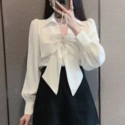 Spring Autumn New V-neck Fashion Long Sleeve Blouse Women High Street Bow Embroidered Flares Pullovers Elegant All-match Tops