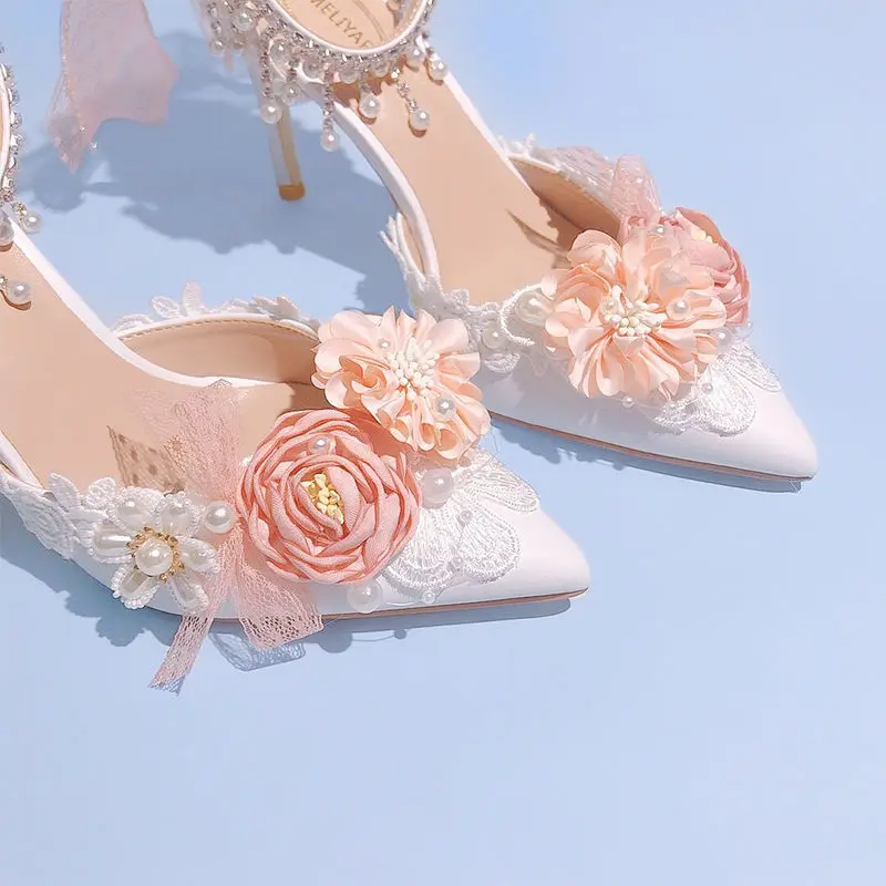 Lolita Bride Shoes 2024 New Pearl Rhinestone Pink High Heels for Women Sweet Flower Knot Bridal Shoes