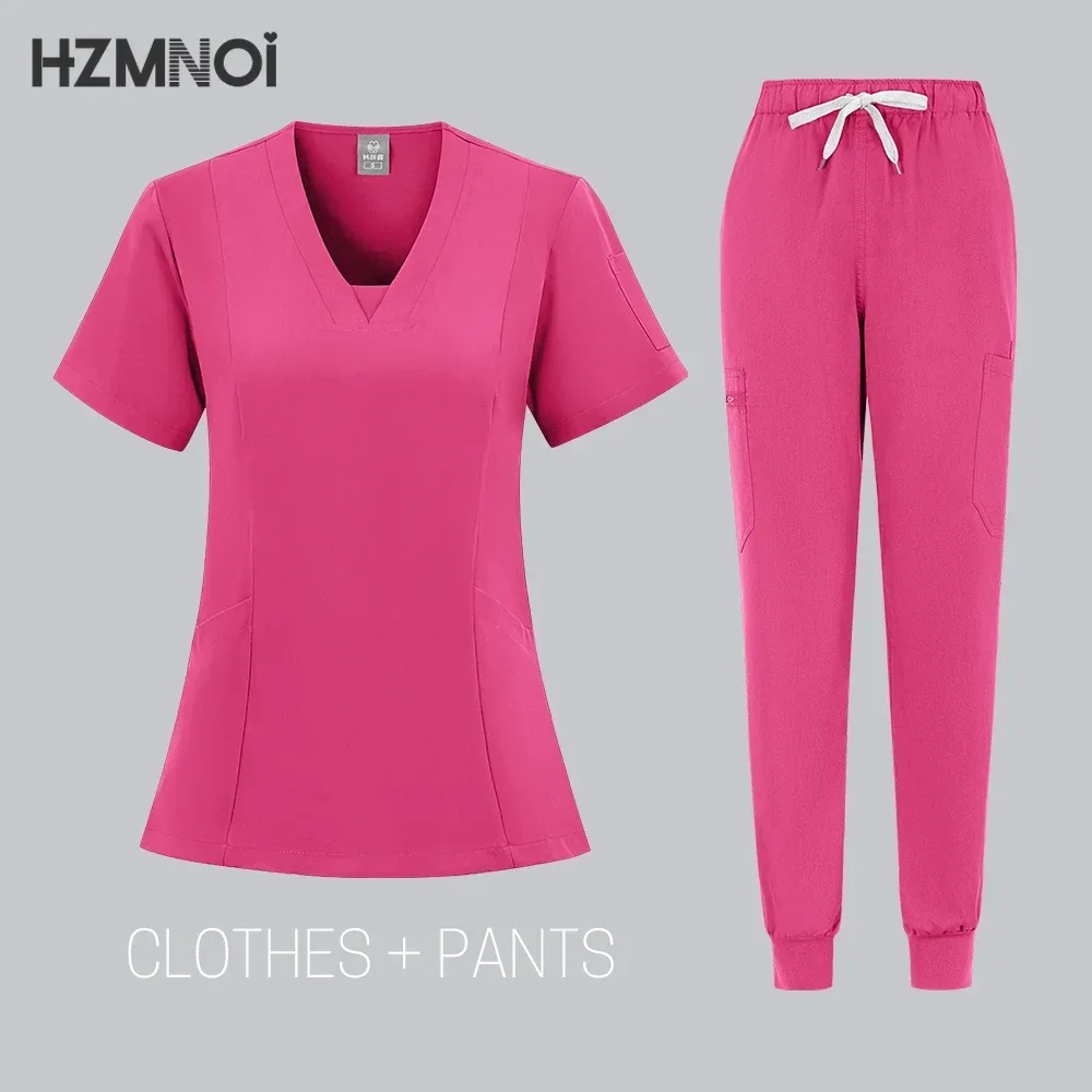 HZMNOI High-quality Nursing Scrubs Uniform Suit Short Sleeve V-neck Tops+Pants Sets Women Multicolor Pet Medical Workwear Nurse