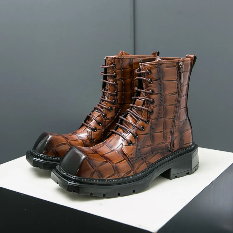 Bottes Chelsea en cuir pour hommes, de haute qualité, marron foncé, à lacets, confortables, semelles épaisses, noires, antidérapantes, montantes, de marque de luxe
