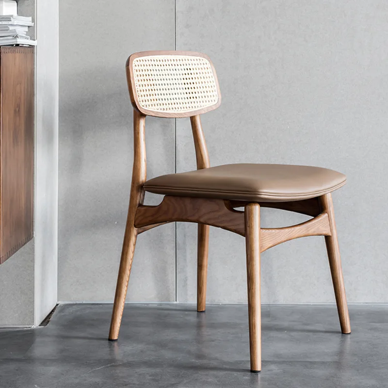 

Nordic solid wood dining chair soft bag seat home book chair ancient rattan