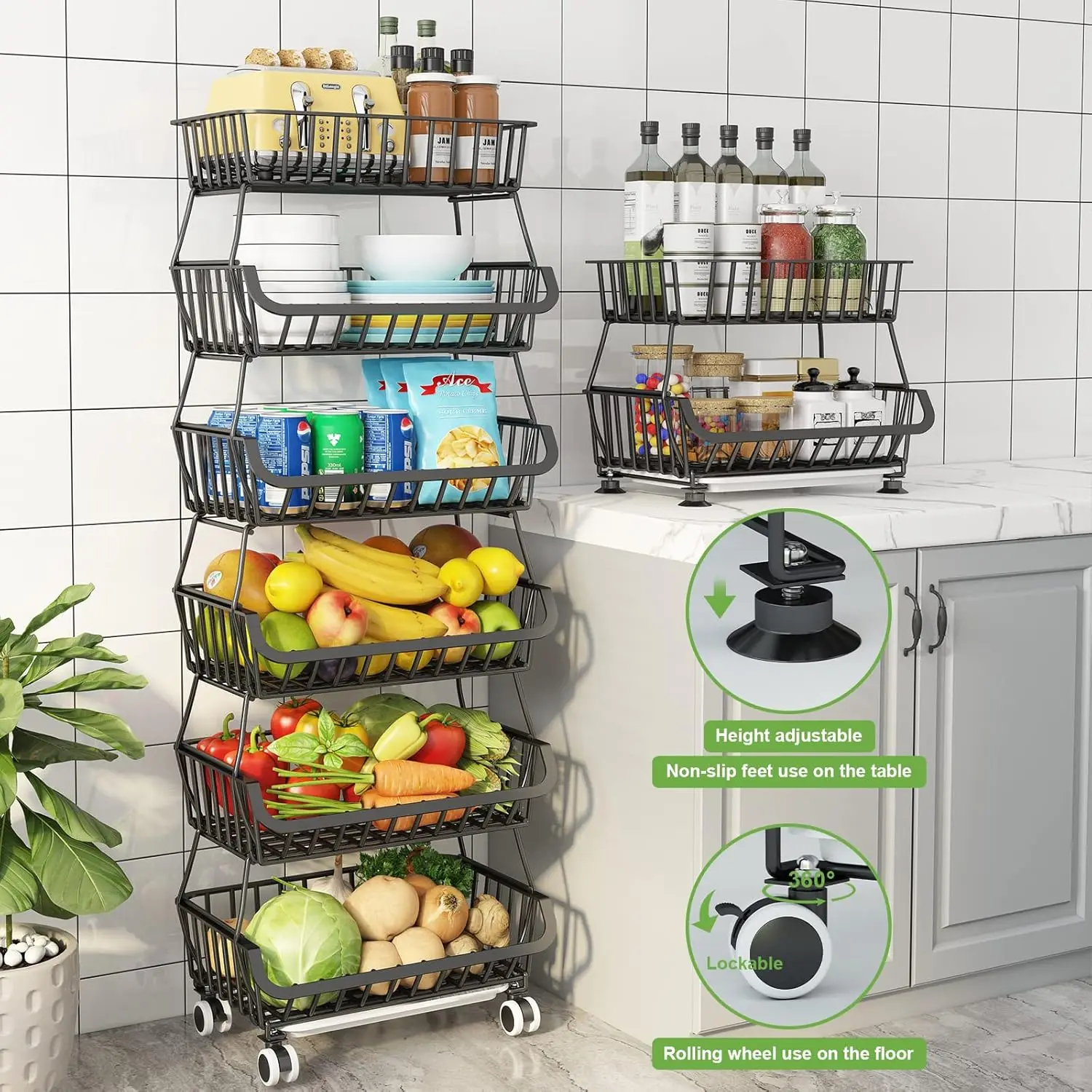 Fruit and Vegetable Storage Cart Stackable Wire Baskets with Wheels Vegetable Produce Basket Potato