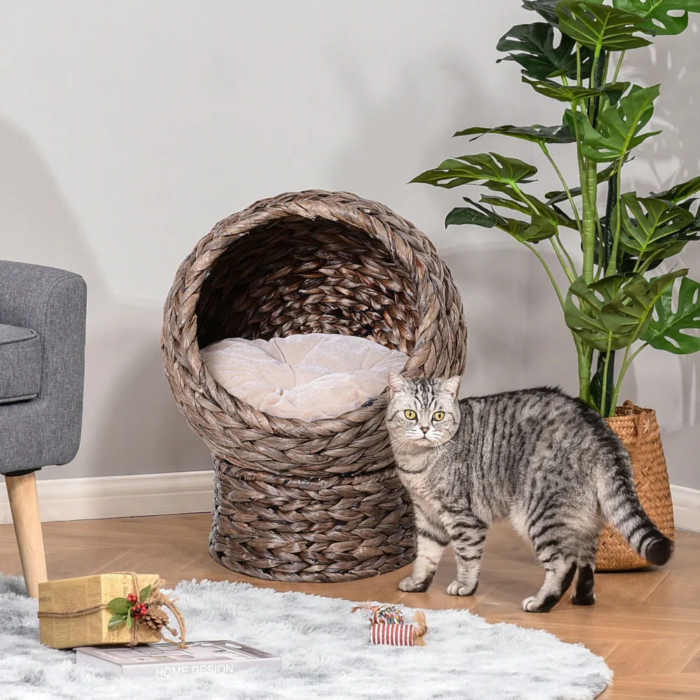 PawHut Handwoven Elevated Cat Bed with Soft Cushion Egg Chair Shape Cat Basket Bed Kitty House Stand Raised Wicke Bed for Indoor