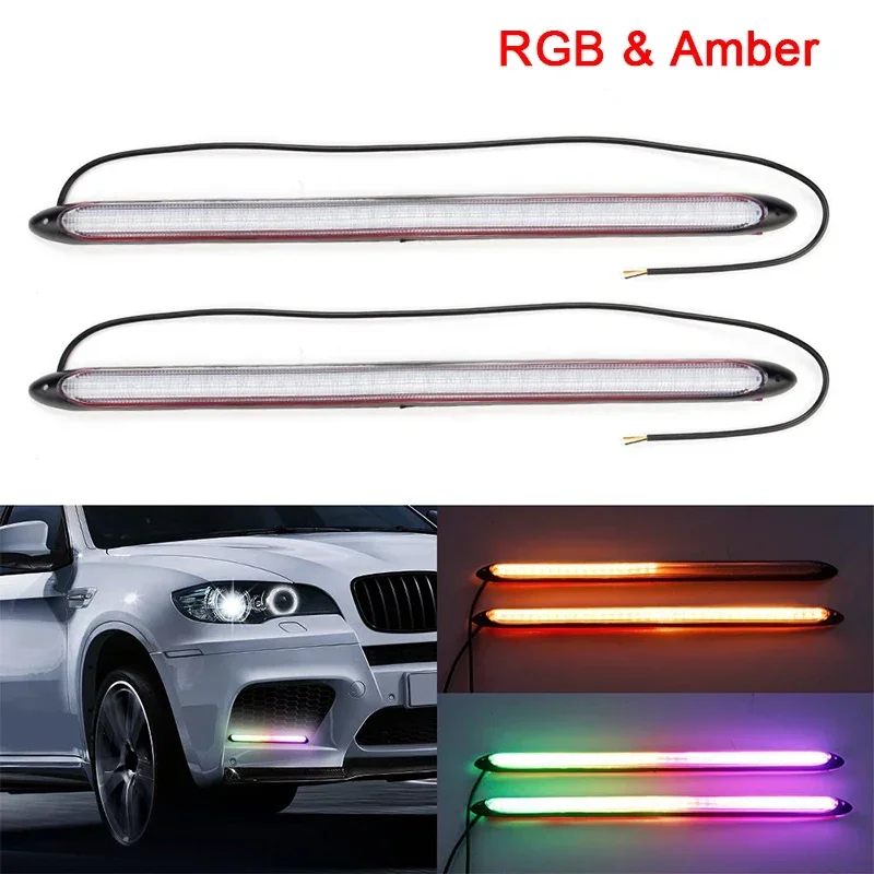 2Pcs Car LED Daytime Running Lights Waterproof Sequential Lamp Flow Turn Signal Light (White/Amber/RGB Light)