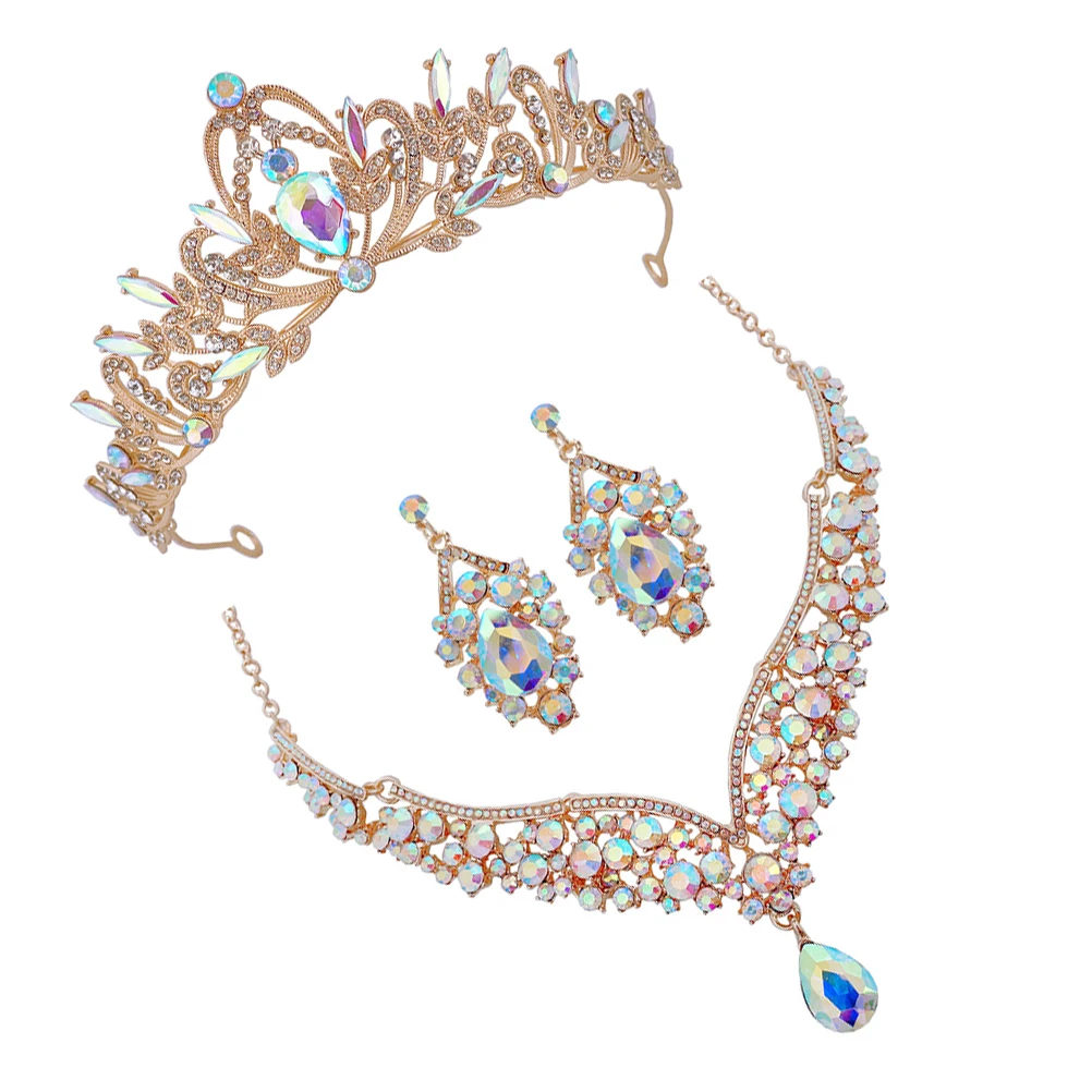 

Crown Necklace Earring Set Iridescent Jewelry Accessories Women Bridal Wedding Party Prom Tiara Rhinestone Alloy
