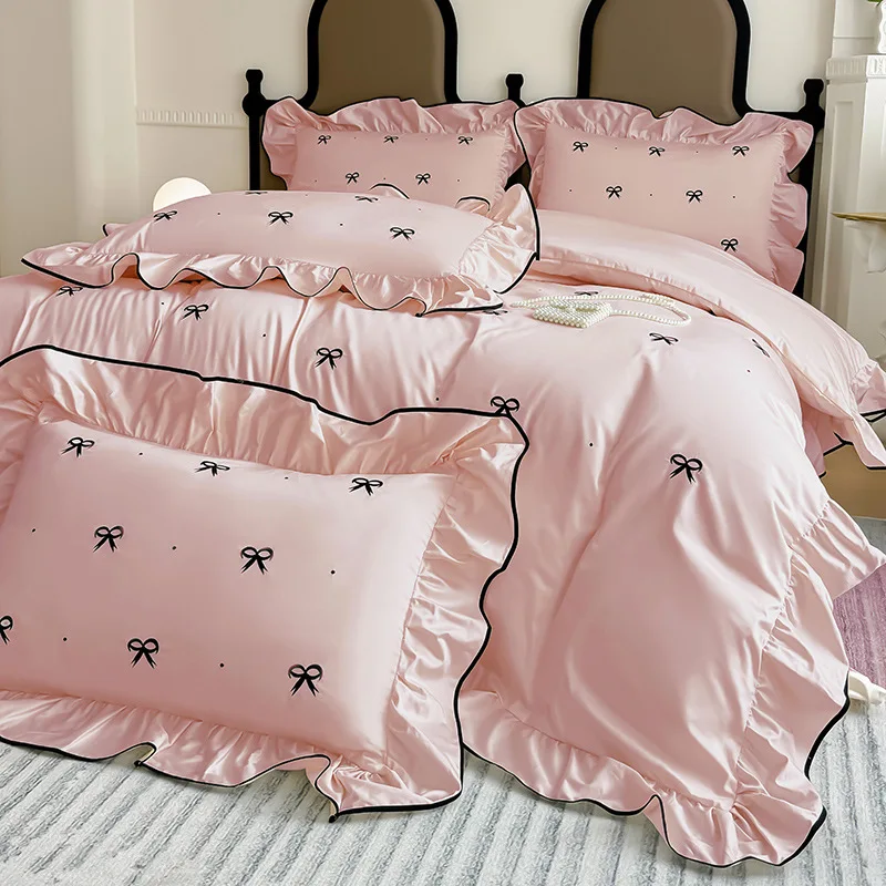 

Cotton Ruffle Bow Embroidery Pink Bedding Set Duvet Cover Bed Linen Sheets Queen King Double Comforter Princess Lace Border Soft