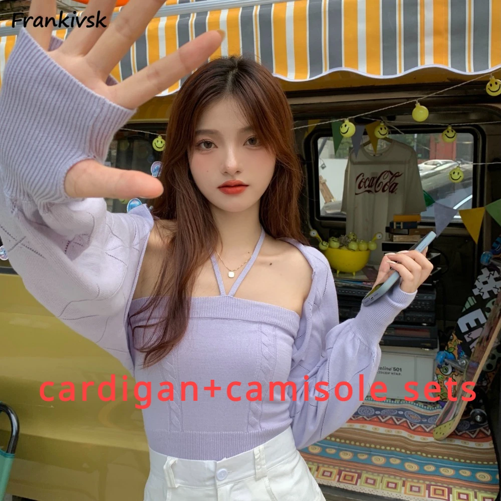 Women Sets Knitted Halter Fitting Solid Colors Slouchy Korean Style Streetwear Advanced All-match Soft Comfortable Fashion Daily