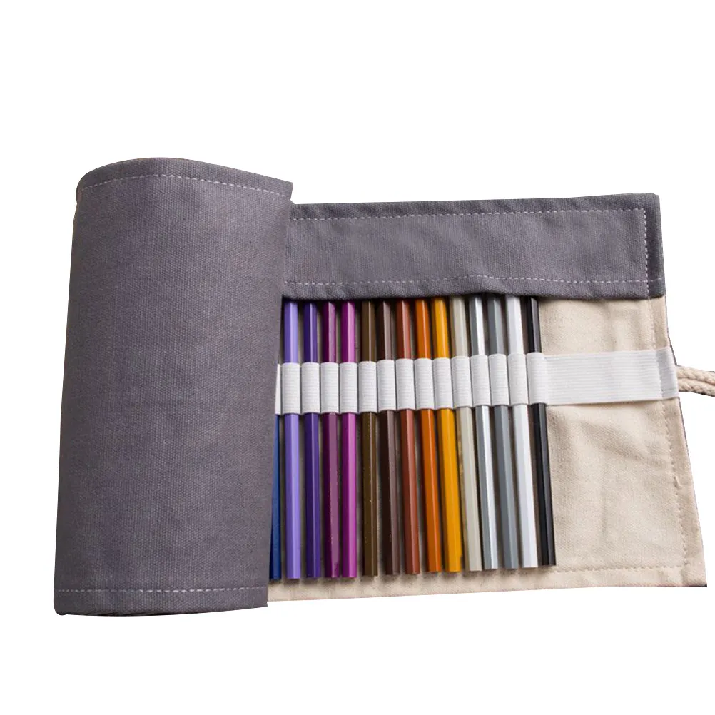 Large Capacity Dark Grey Canvas Pencil Roll Wrap 36 Slots Portable Pencil Storage Organizer Pen Holder for Sketching Drawing