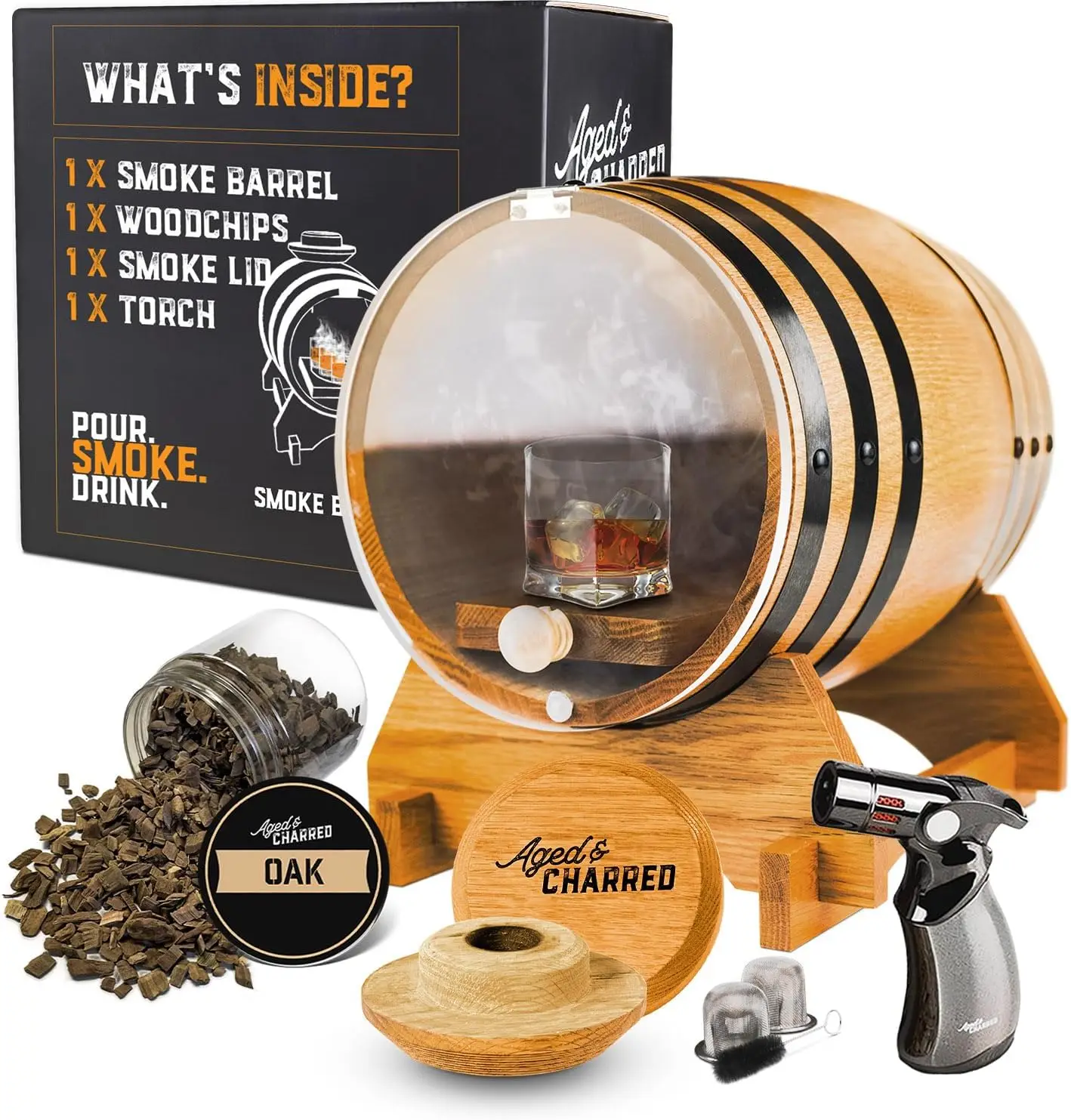 

Old Fashioned Bourbon Whiskey Smoker Kit - Premium Barrel Set, USA Oak - Cocktail Smoker Kit with Torch - Whiskey Gifts for Men