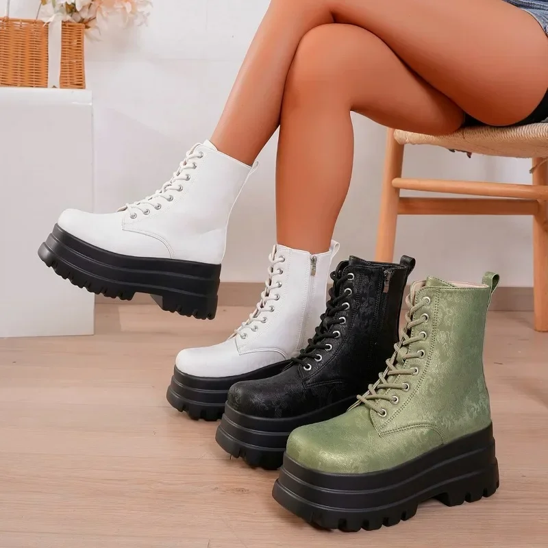 Ladies Shoes on Sale High Quality Side Zip Women\'s Boots Autumn Round Toe Solid Short Barrel Platform Large Size Fashion Boots