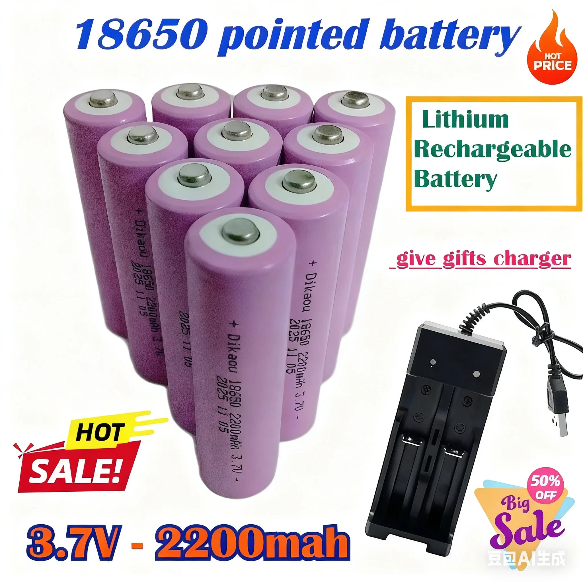 

18650 2200mah 3.7V Battery Pointed Tip Lithium Rechargeable Battery Li-lon for Headlamp Mini Fan Laser Pointer Bright Flashlight