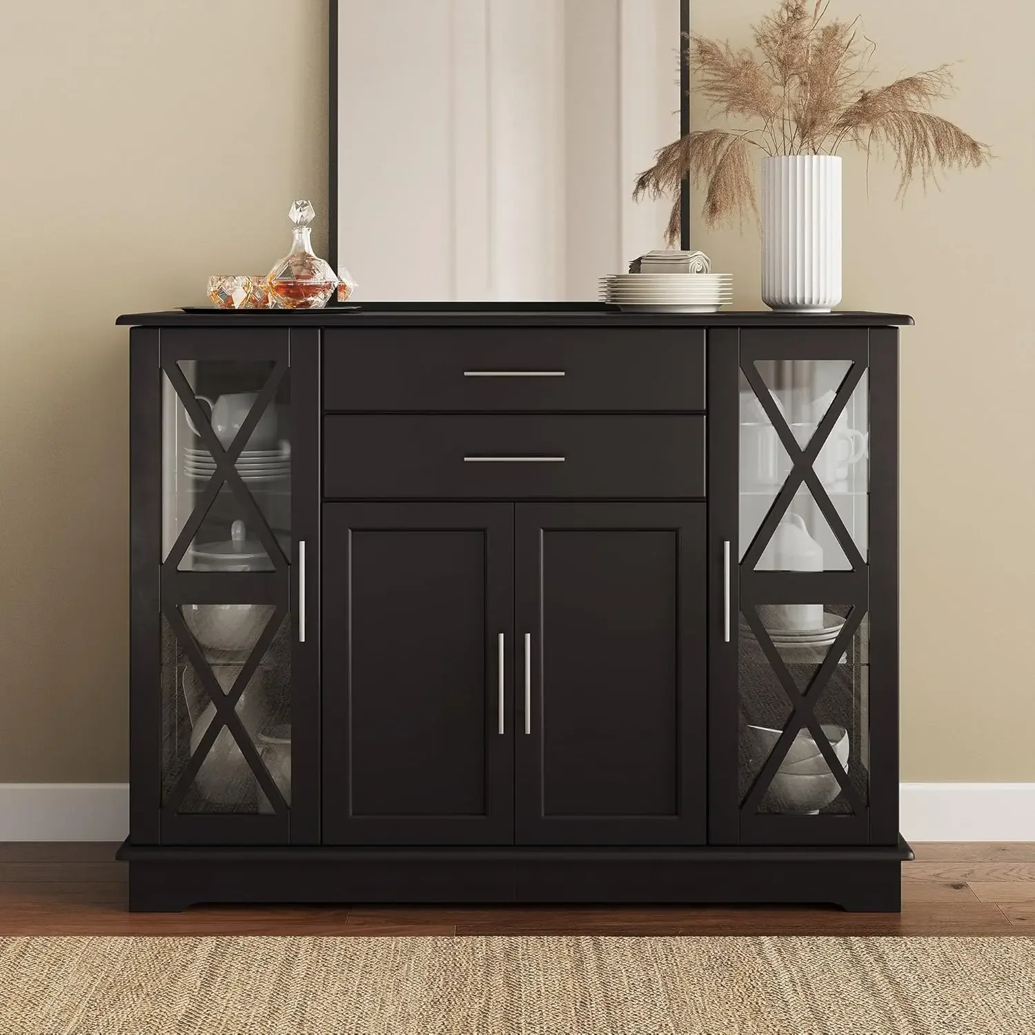 

47 Inch Storage Cabinet Console Table Coffee Bar Kitchen Cupboard Pantry Cabinet Glass Display for Dining Room