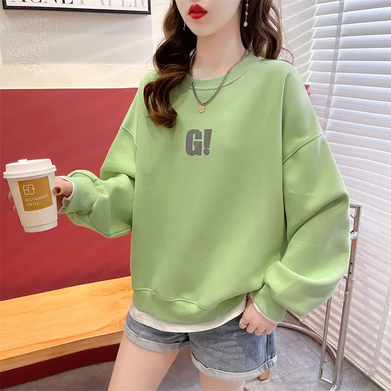 Round Neck Green Graphic Women\'s Sweatshirt Loose Kawaii Cute Pullovers Woman Clothing Top Baggy Warm Emo E Harajuku Fashion