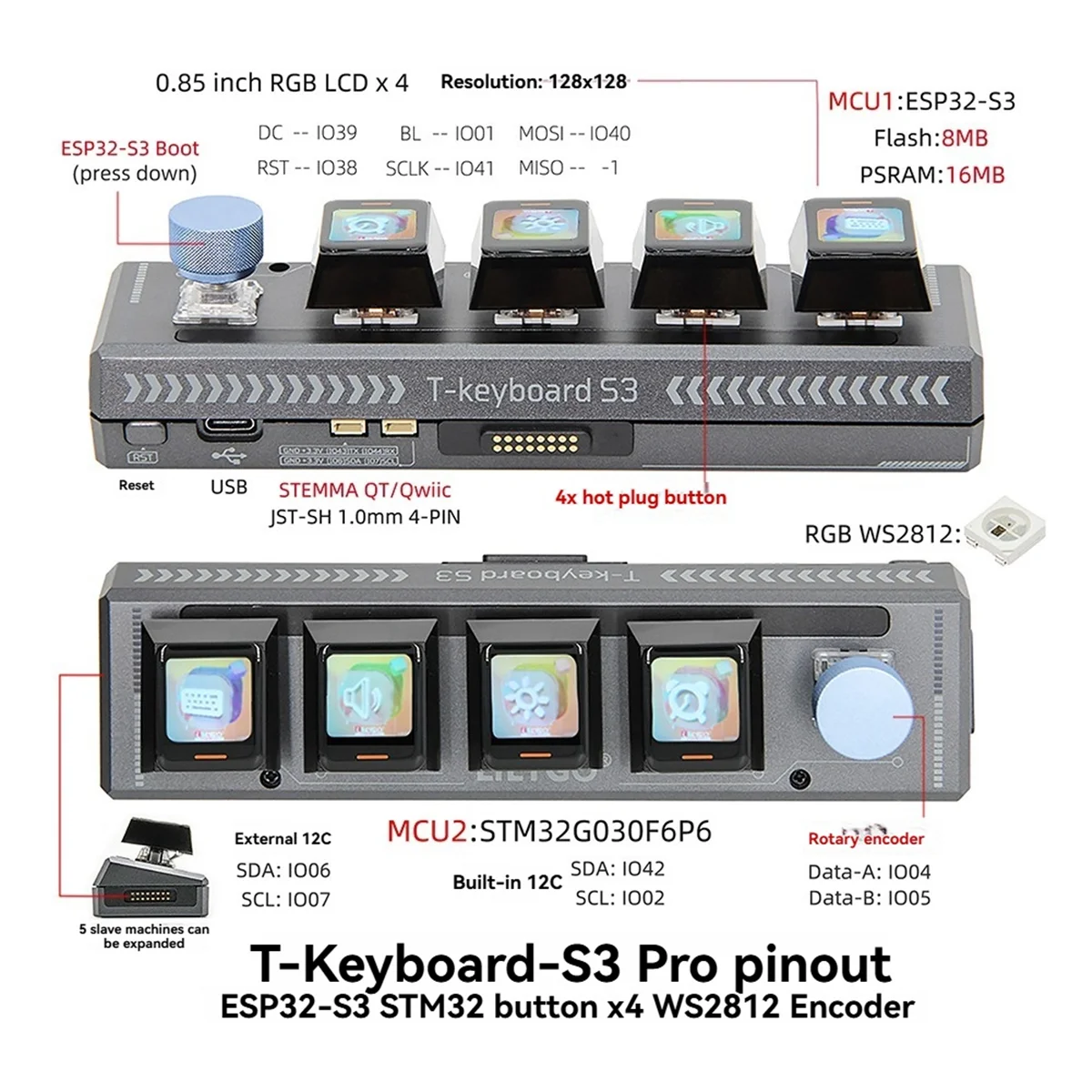M86K T-Keyboard-S3 Pro ESP32-S3 Placa de desarrollo de teclado Botón LCD de 0,85 pulgadas WiFi Bluetooth STM32 Módulo codificador RGB, B