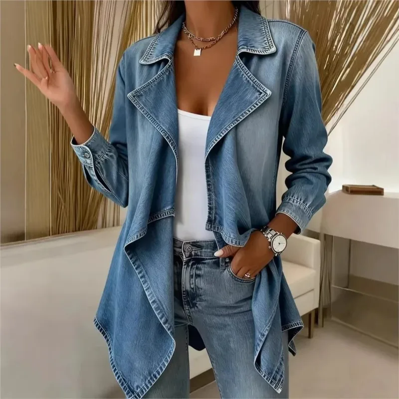 2026 Neue Herbst- und Winter-Damen-Jeansjacke, Einfarbig, Unregelmäßiger Kragen, Modisch, Bequem, Vielseitig, Personalisierte Jacke