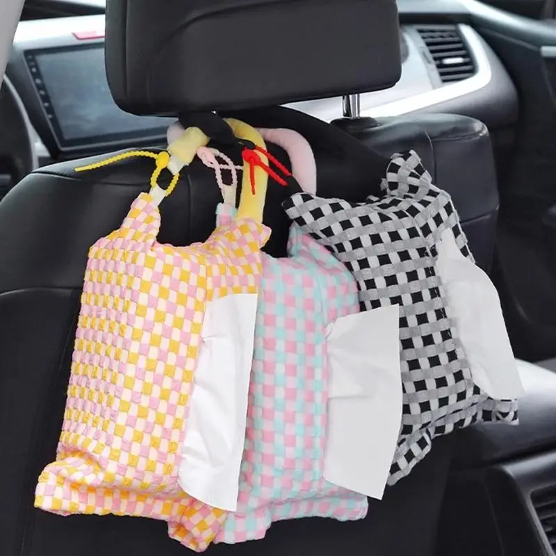Universal Car Headrest Tissue Box Car Interior Accessories Plaids Pattern Paper Case Hanging Napkin Bag Tissue Dispenser D7YA