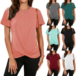 2024 Letni top damski New Round Neck Solid Color Twisted Short Sleeved T-shirt dla kobiet Miękkie wygodne koszulki Odzież damska