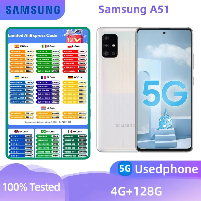 Samsung Galaxy A51 5g Smartphone Exynos 980 6.5-inches Screen 48MP Camera Android Original Used Phone