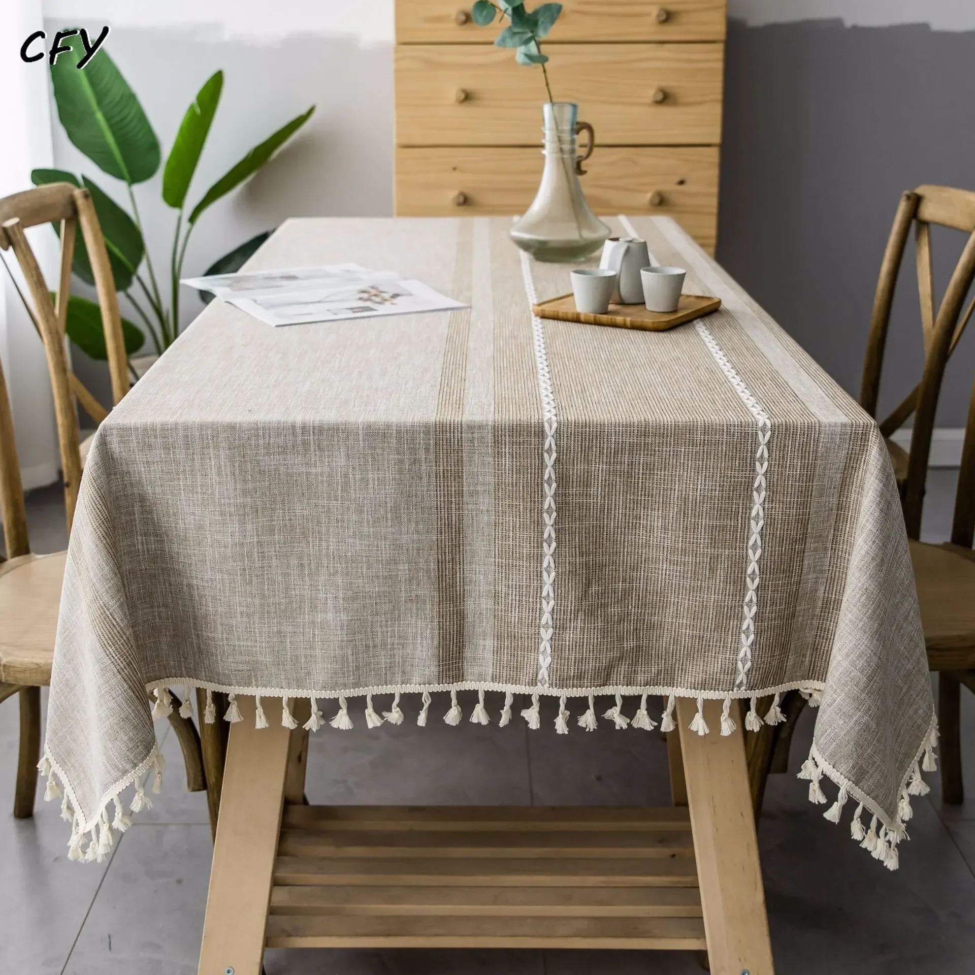 

Cotton Linen Asymmetric Stripe Tablecloth with Tassel Dustproof Thicken Rectangular Wedding Dining Table Cover Tea Table Cloth