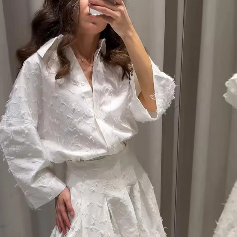 Fangokv エレガントなタッセルシャツスカート女性の衣装ラペル七分袖シャツプリーツスカート 2025 夏 2 個女性セット