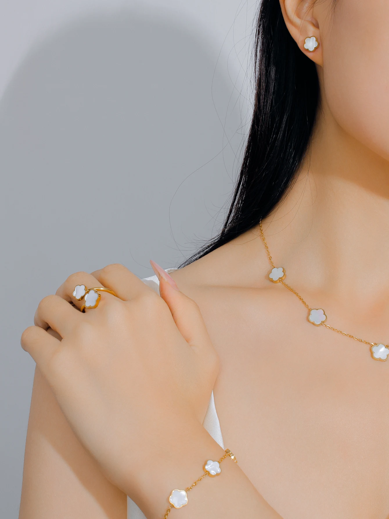 5pc Lucky Clover Gold Plated Clover Necklace Earring for Women Fashion Cute Simple Jewelry Sets