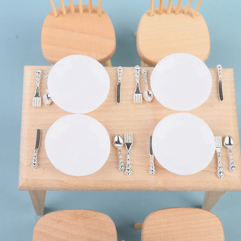 4 Sets 1:12 Dollhouse simulation Miniature Plate Knife Fork Spoon Set Doll Kitchen Tableware Decor