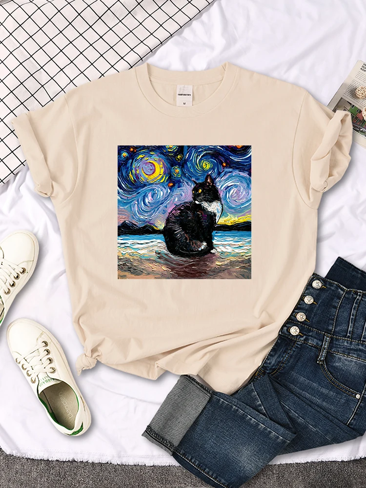 Womens T Shirts Beautiful Starry Cats Printing T-Shirts For Woman Casual Korean Style Women Tshirt Vintage Crewneck Tee Shirts