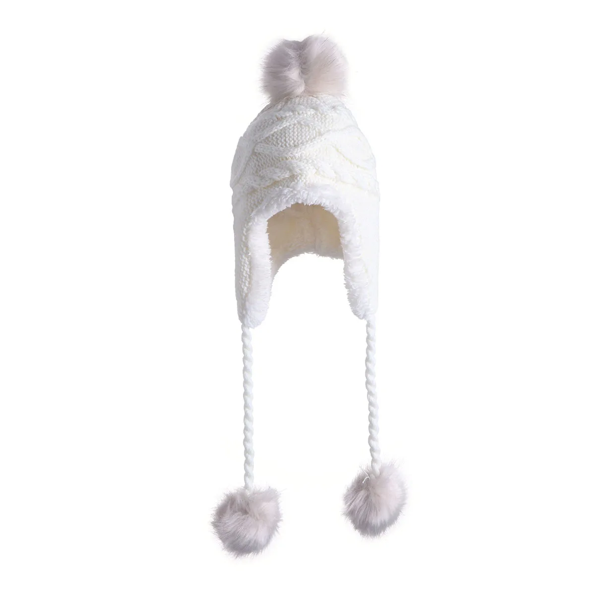 

Knit Wool Winter Hat S White Ear Flap Pom Pom Braided Tie Soft Thick Warm for Snow Skiing Outdoor Knitting Wool Hat