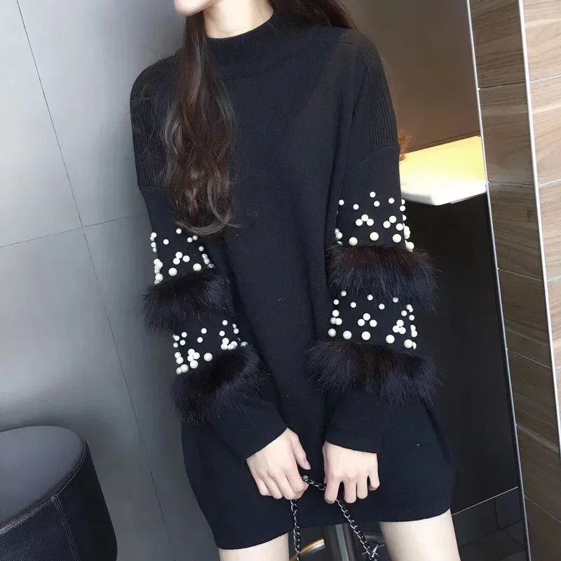 Chic Women Turtleneck Beading Pullover Pearls Loose Knitted Dress Striped Faux Rabbit Fur Long-sleeved Sweater OL Knitwear Tops