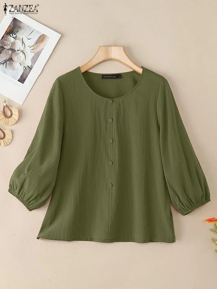 

Женские осенние рубашки ZANZEA 2025: элегантная однотонная рабочая рубашка OL на пуговицах, Blusas, повседневная блузка с круглым вырезом и длинными рукавами, женские хлопковые топы