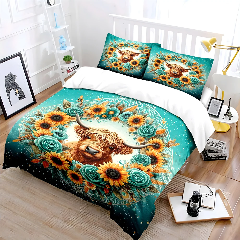 Bull Head with Sunflowers and Blue Roses Bedding Set 1 Duvet Cover 2 Pillowcases for Adult and Children Luxury Gift Full Size