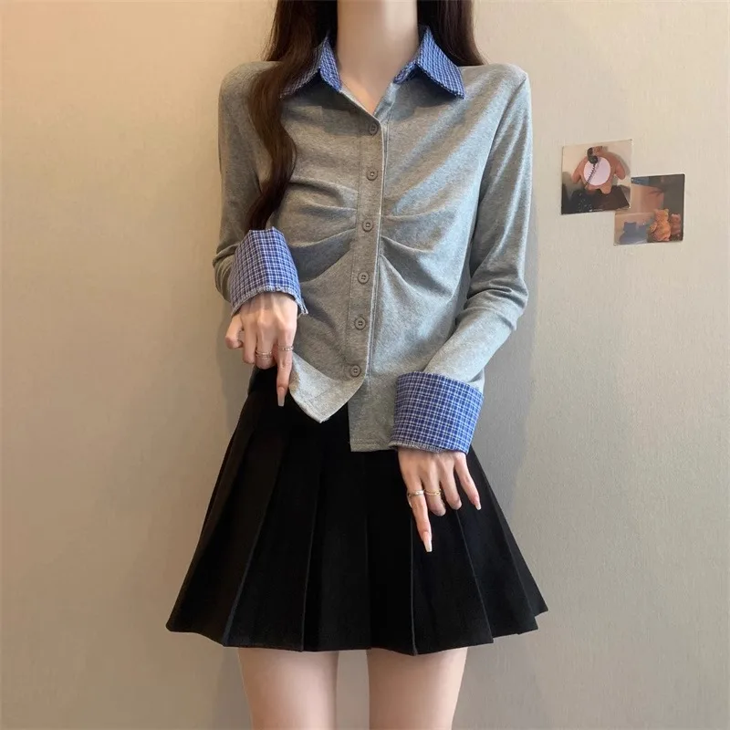 Slim Fit Long Sve irt femmes grande taille taille cintré couche de Base haut printemps nouveau Sle Plaid Patchwork décontracté Faion