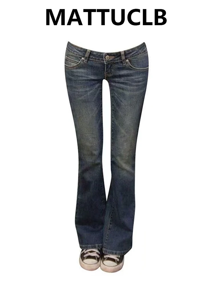 Women's Low Rise Skinny Flare Jean American Retro Blue Denim Pants Y2K Japanese Harajuku Bell Bottom High Street Bootcut Jeans