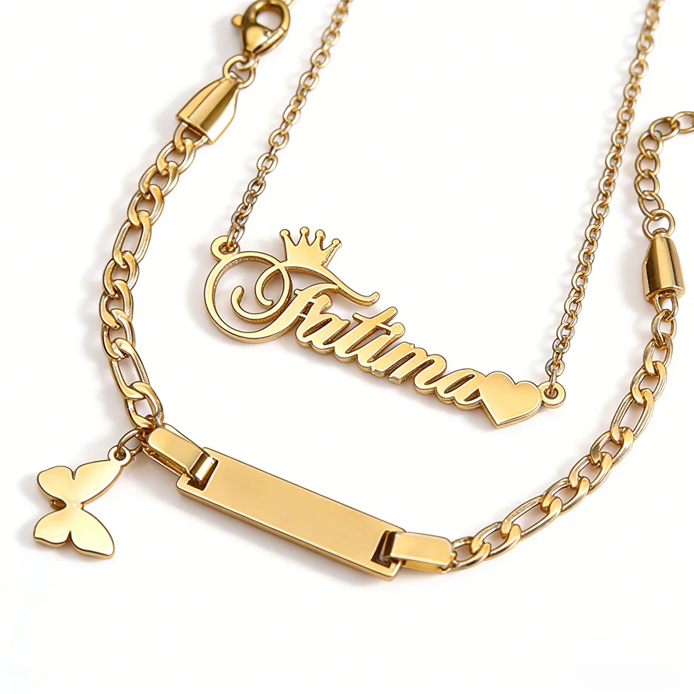 Custom Crown Heart Name Big Necklace For Women Men Stainless Steel Engraving Bracelet Jewelry Set Birthday Gift
